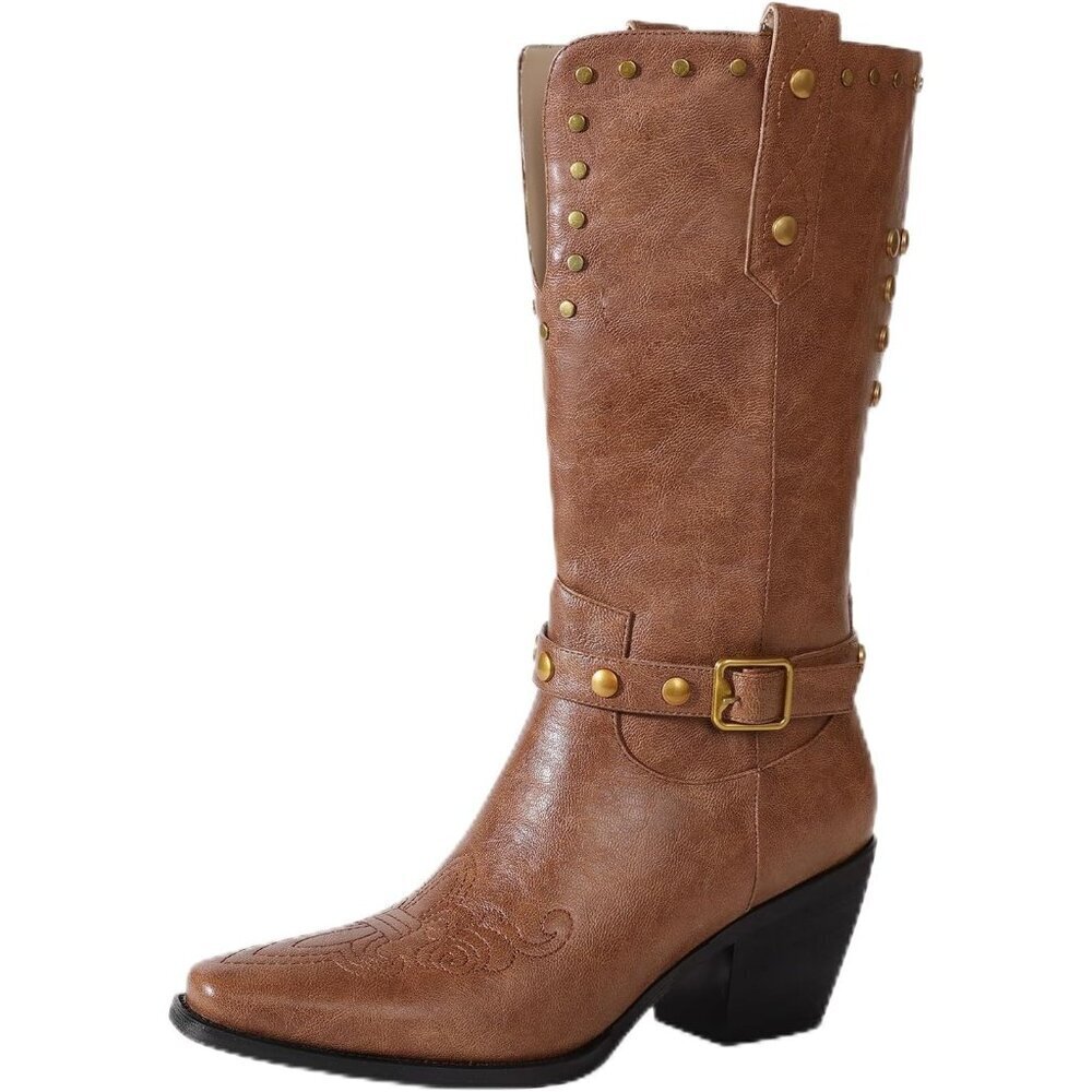 Womens Light  Brown Faux Leather Mid Calf Square Toe Chunky Heel Studded Boots